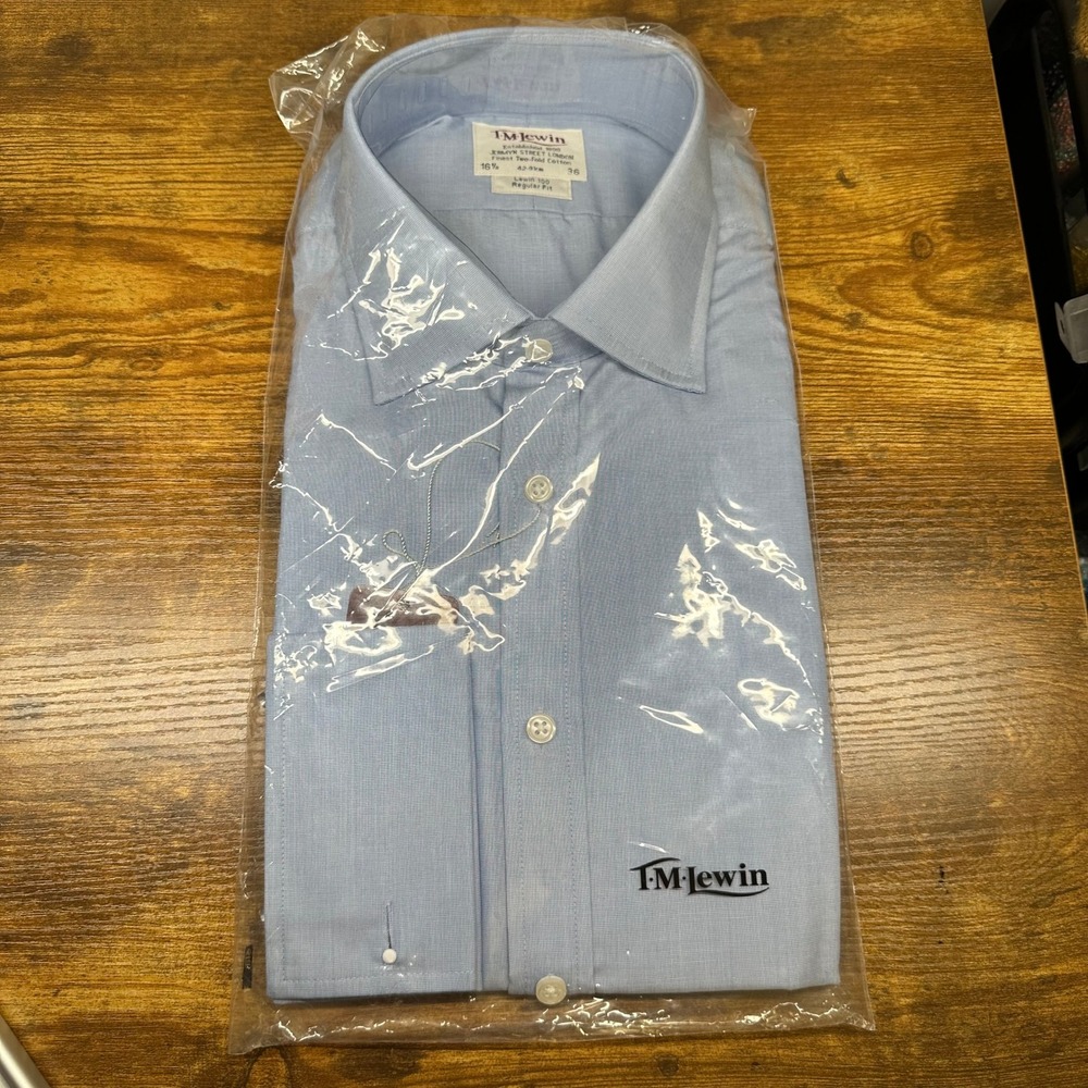 TM Lewin Men Blue End on End Cotton Dress Shirt Regular Fit 16.5 36 MS10-18592